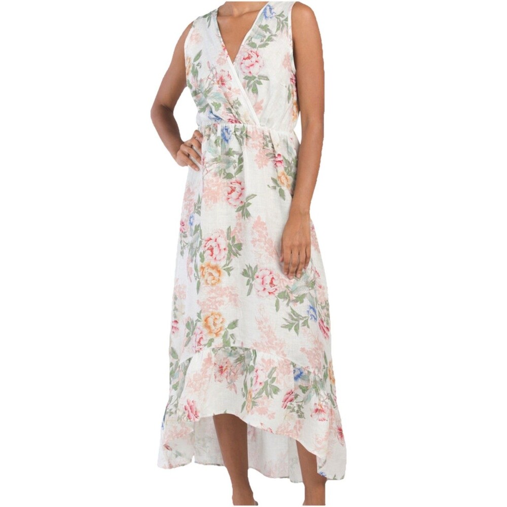 La Ragazze Linen Dress Women M Floral Maxi V Neck Boho Made In ITALY White Pink